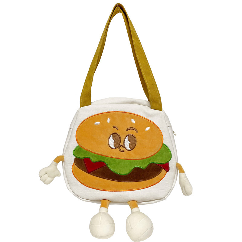 A new cartoon canvas burger crossbody handbag with large capacity, a trendy Japanese style and a girlish heart, a school backpack and birthday gift Item Picture