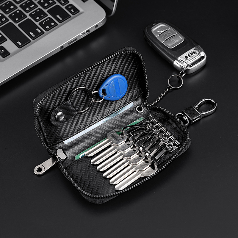 Cross-border bestseller men's key case, carbon fiber pattern business clutch, zipper wallet, large capacity, multiple slots Specification drawing