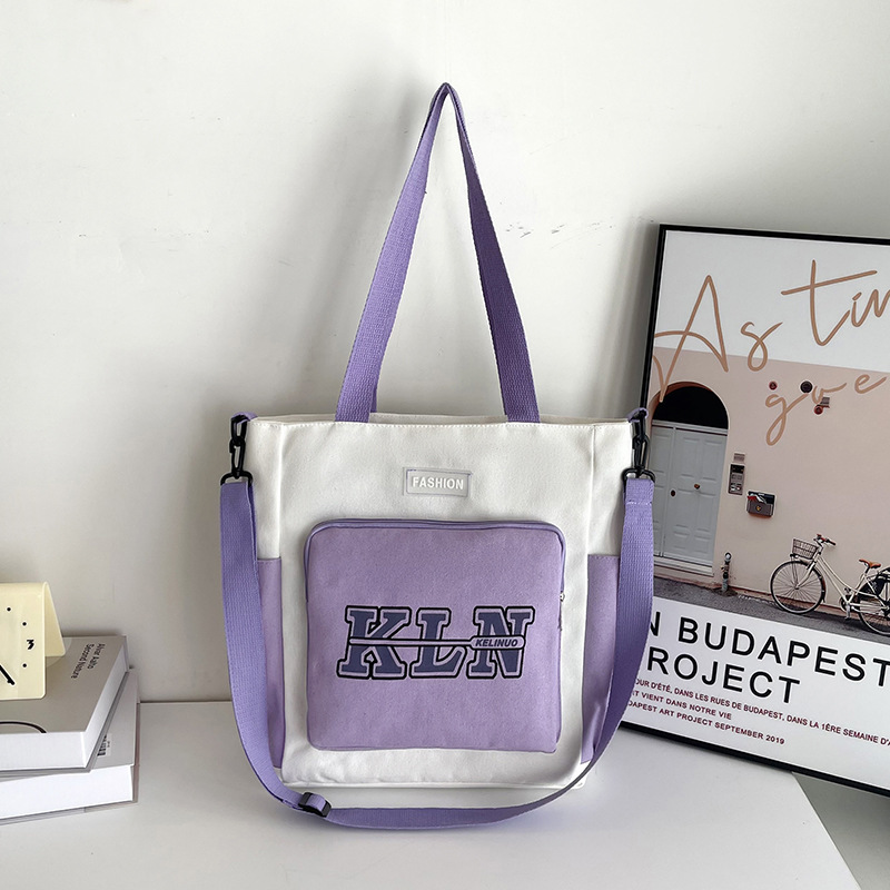 New canvas bag, women's single-shoulder large-capacity handbag, ins class student crossbody bag, versatile color-blocking tote bag full figure