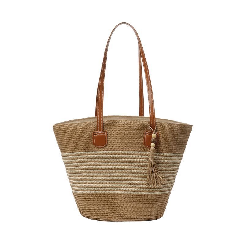 Summer trend hand-held straw woven bag, women's large-capacity woven single-shoulder tote bag, seaside vacation woven vegetable basket bag Item Picture