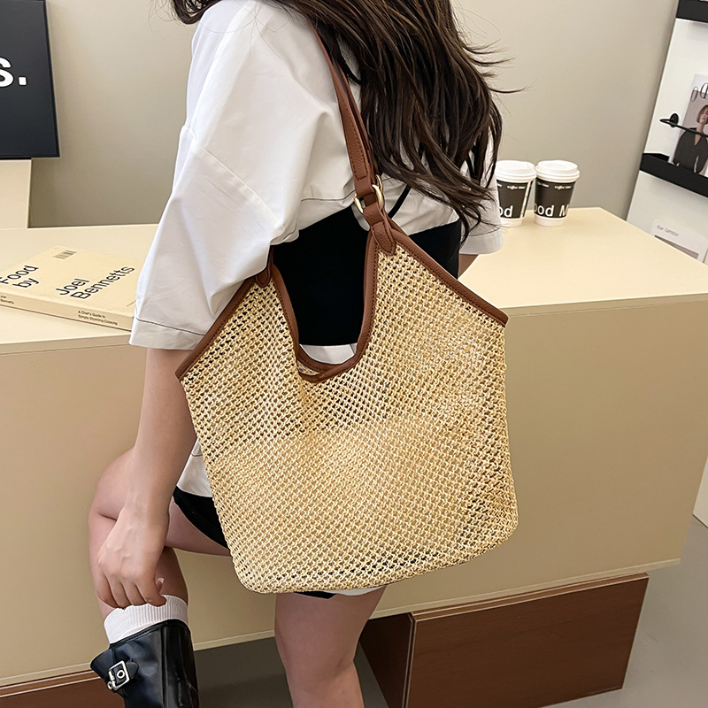 2025 New summer woven large-capacity Tote bag, women's casual and versatile single-shoulder straw woven bag, vacation beach bag Specification drawing