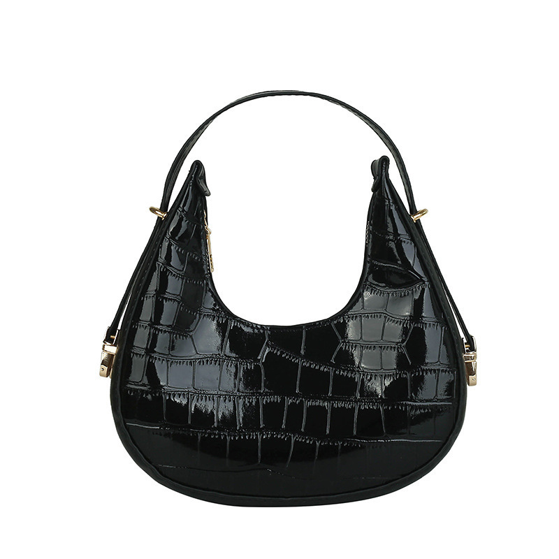 Single-shoulder bag, 2022 new Korean version, trendy and fashionable bag, women's retro crocodile pattern zipper crescent moon bag, simple handbag Item Picture