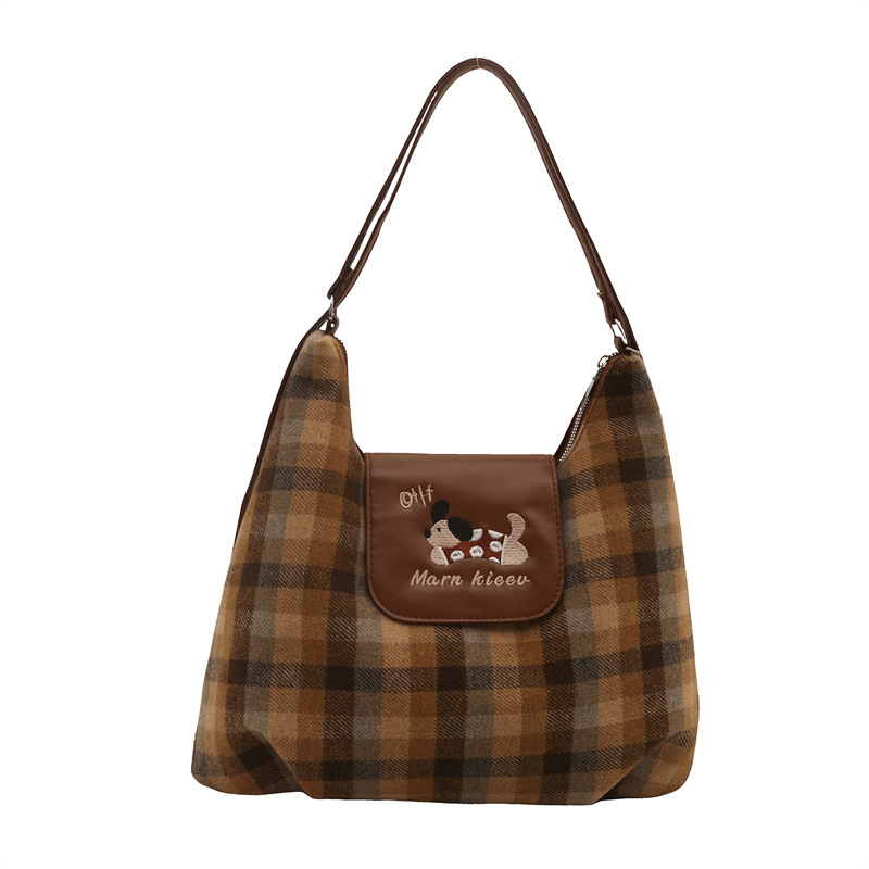 Korean cartoon puppy backpack for girls 2024 New style college checkered Tote bag Versatile large-capacity single-shoulder bag Item Picture