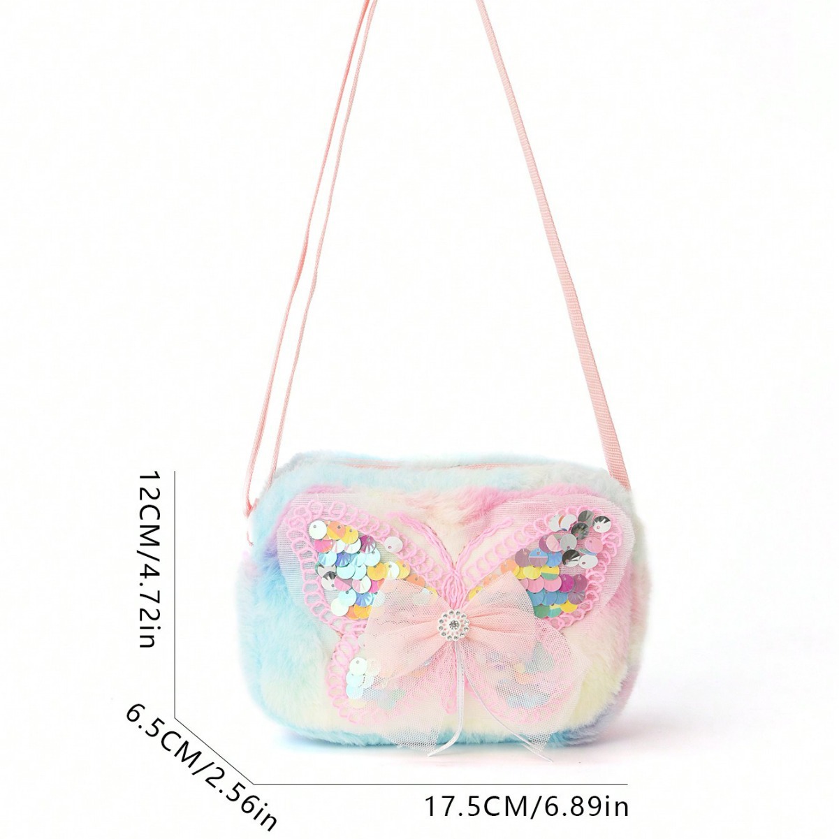 The girl's pink butterfly cartoon printed crossbody bag kawaii, a colorful plush picnic small square bag, is so fluffy Specification drawing