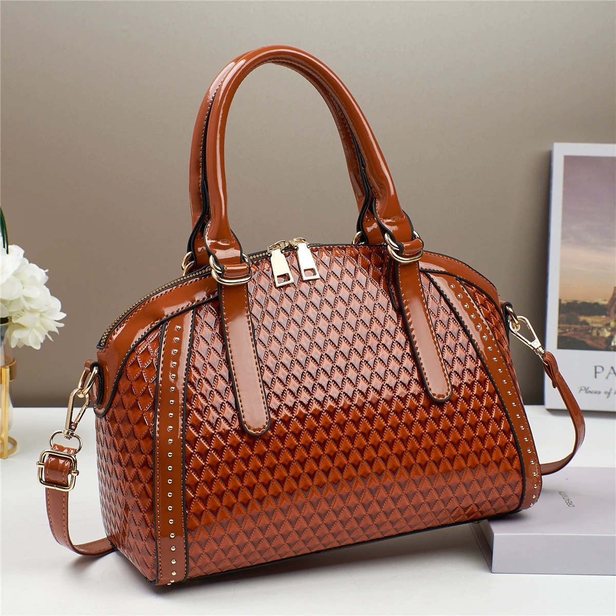 Shiny leather embossed bag, 2024 new style fashionable hand-held shell bag, single-shoulder crossbody, simple and versatile European and American two-in-one bag Application Scenario