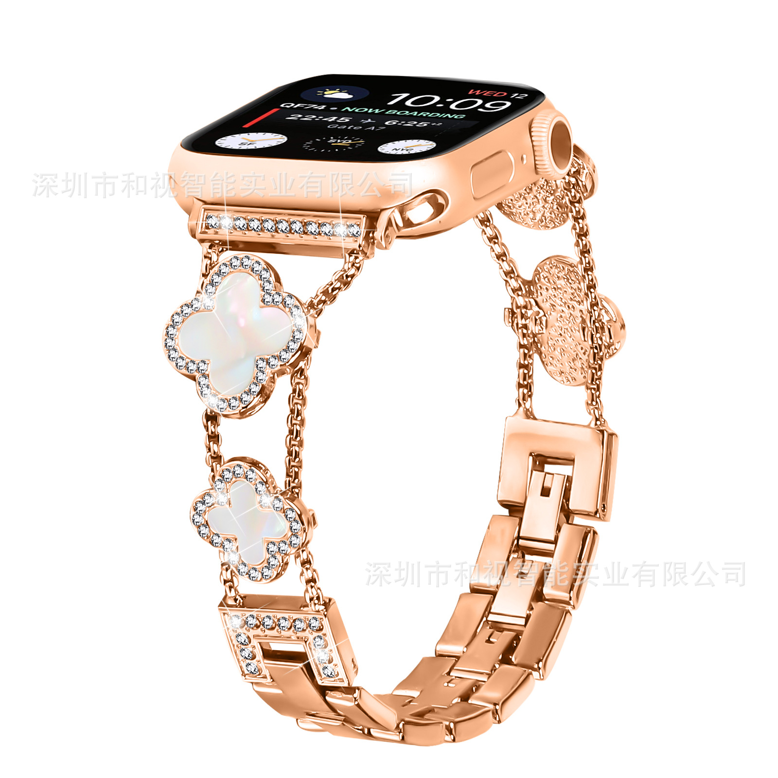 The new ins band with double four-leaf clover diamond-encruted metal alloy is compatible with Apple Watch 9/10/ultra Item Picture