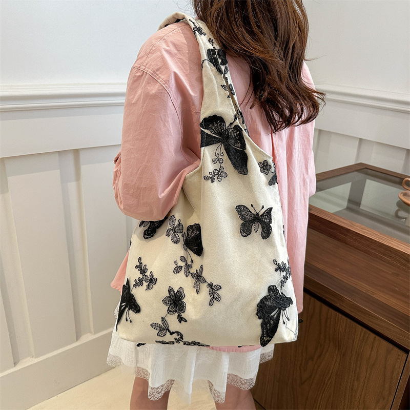 Embroidered butterfly lace fairy bag, ins travel women's bag, canvas bag, artistic, large capacity, versatile, single-shoulder bucket bag Specification drawing