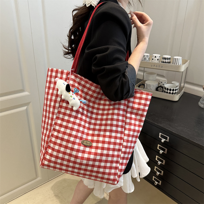 Fresh color-blocking double-sided canvas bag, large-capacity embroidered high-end single-shoulder bag, sweet checkered bag, student commuting bag details Picture