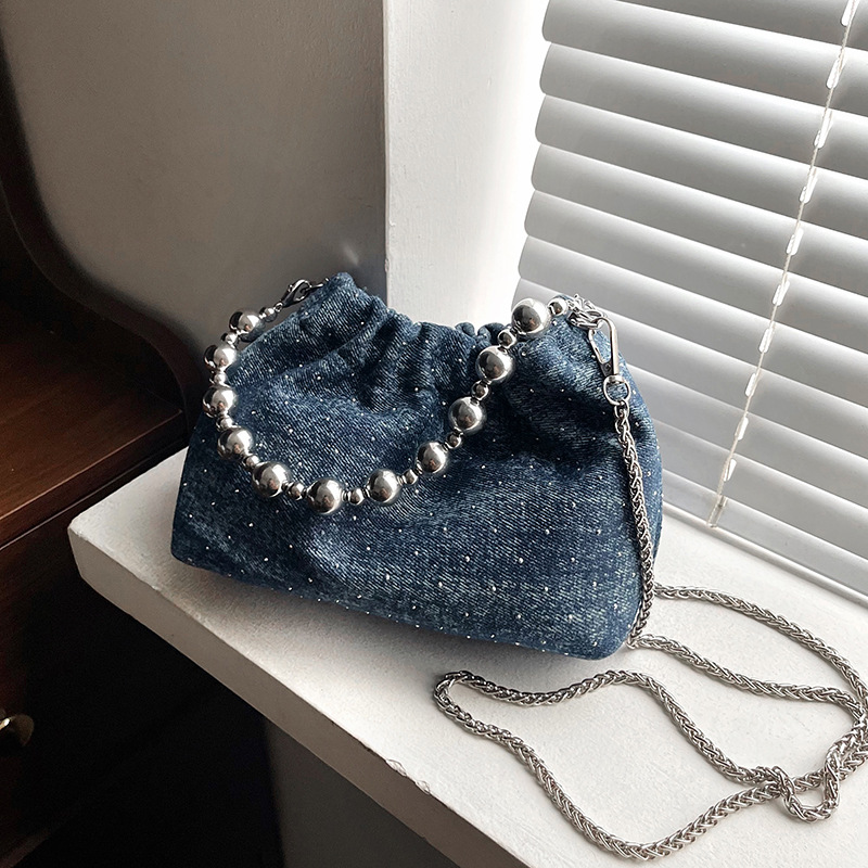 Niche design fashionable denim bag for women, 2025 new Korean version chain single-shoulder crossbody bag, trendy bucket bag full figure