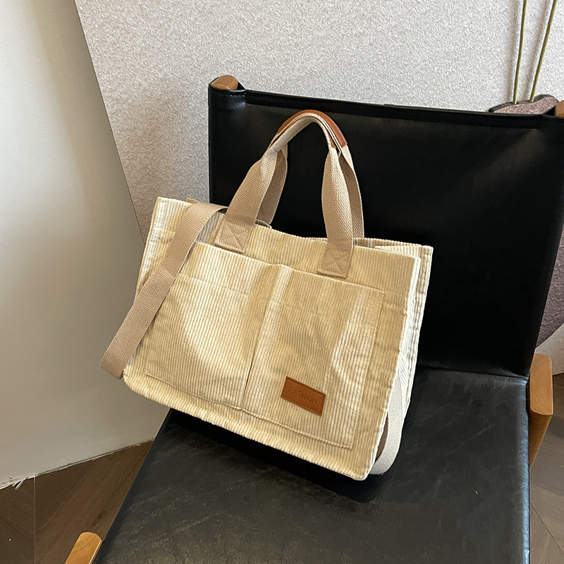 Corduroy large-capacity fashionable handbag, casual Korean-style hand-held crossbody bag, commuting bag, trendy tote bag for women full figure