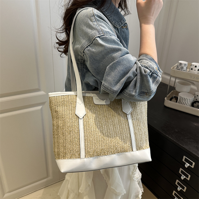 Trendy and fashionable straw woven bag 2025 Summer new style Korean-style patchwork women's bag, versatile single-shoulder bag, beach bag details Picture