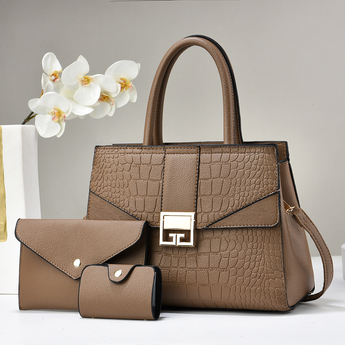 Foreign trade three-piece set: Women's bag, texture hand-held buns, mother bag, stone-patterned single-shoulder bag, large-capacity combination bag details Picture