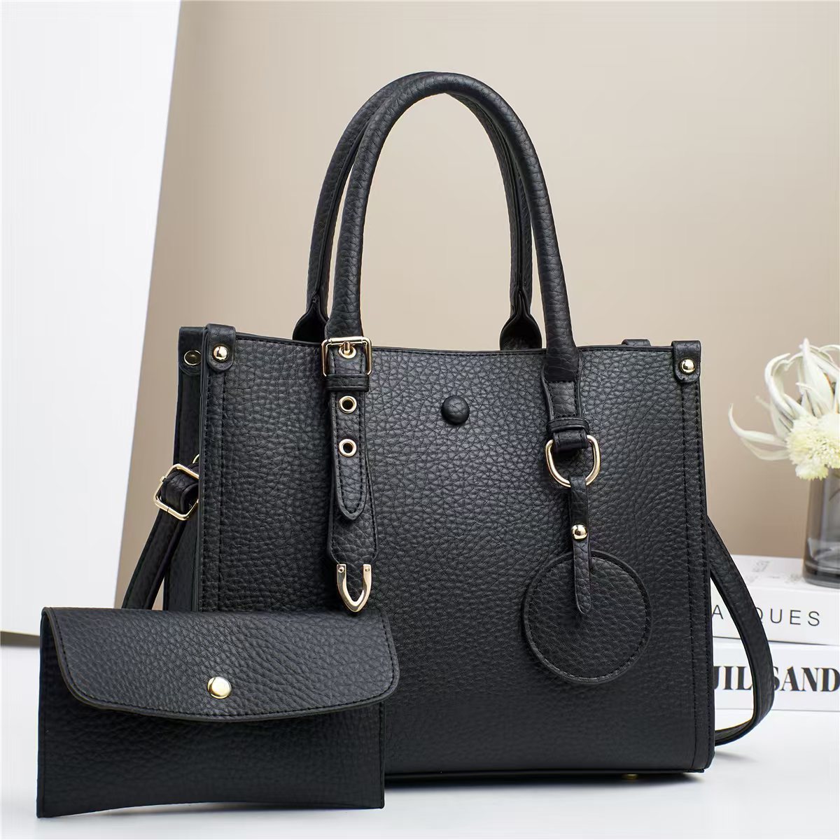 New minimalist mother-and-child bag with lychee pattern, fashionable cross-border handbag, light luxury, versatile and trendy, large-capacity single-shoulder handbag full figure