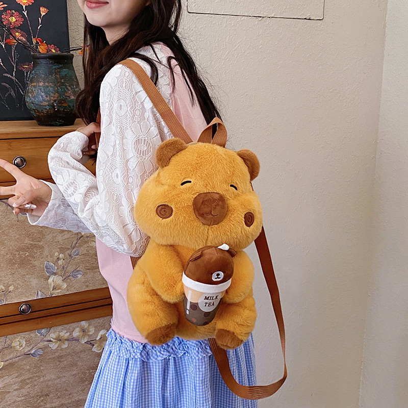 New Q-style chubby milk tea capybara doll backpack, cute plush doll, children's companion birthday gift details Picture