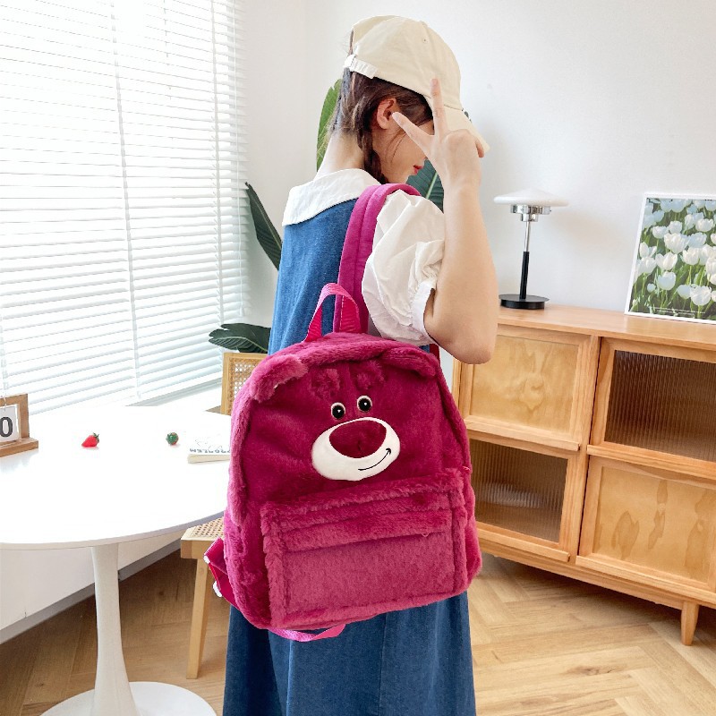 Cartoon strawberry bear Sullivan three-dimensional funny large-capacity schoolbag, cute and girlish plush backpack, versatile girls' bag Specification drawing