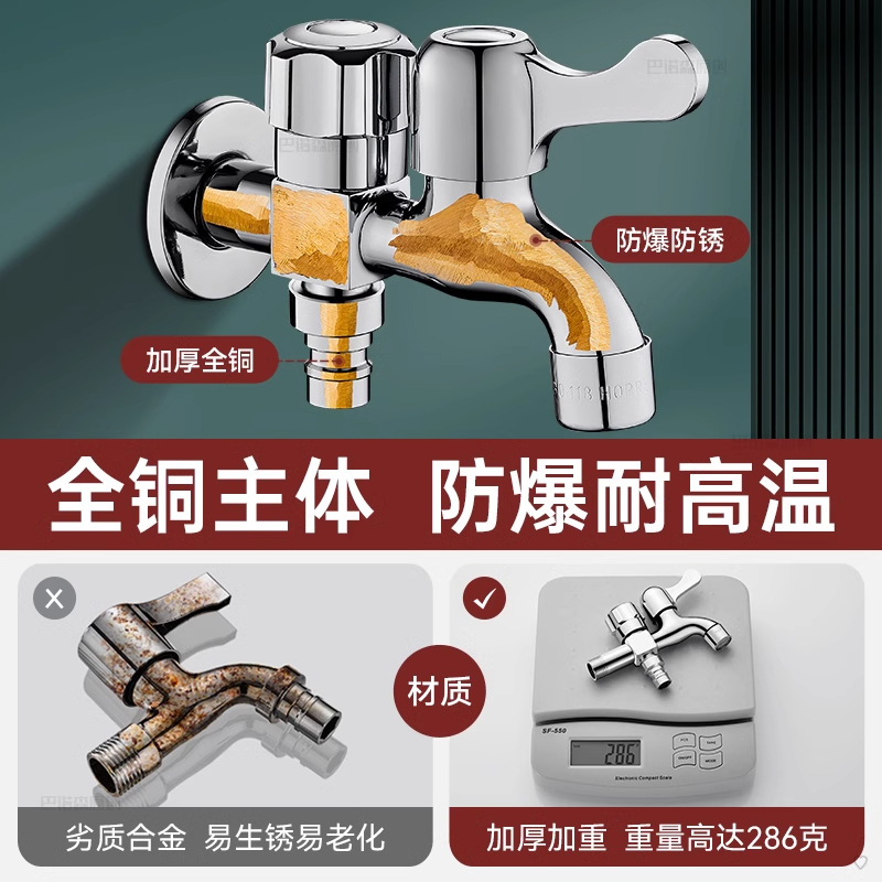 Washing machine faucet with one split and two connectors, one inlet and two outlets, three-way, dual-head, multi-functional, dual-water outlet for household use details Picture
