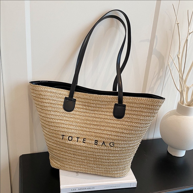 2025 New summer trend straw woven tote bag, women's fashion letter woven single-shoulder bag, beach vacation bag full figure