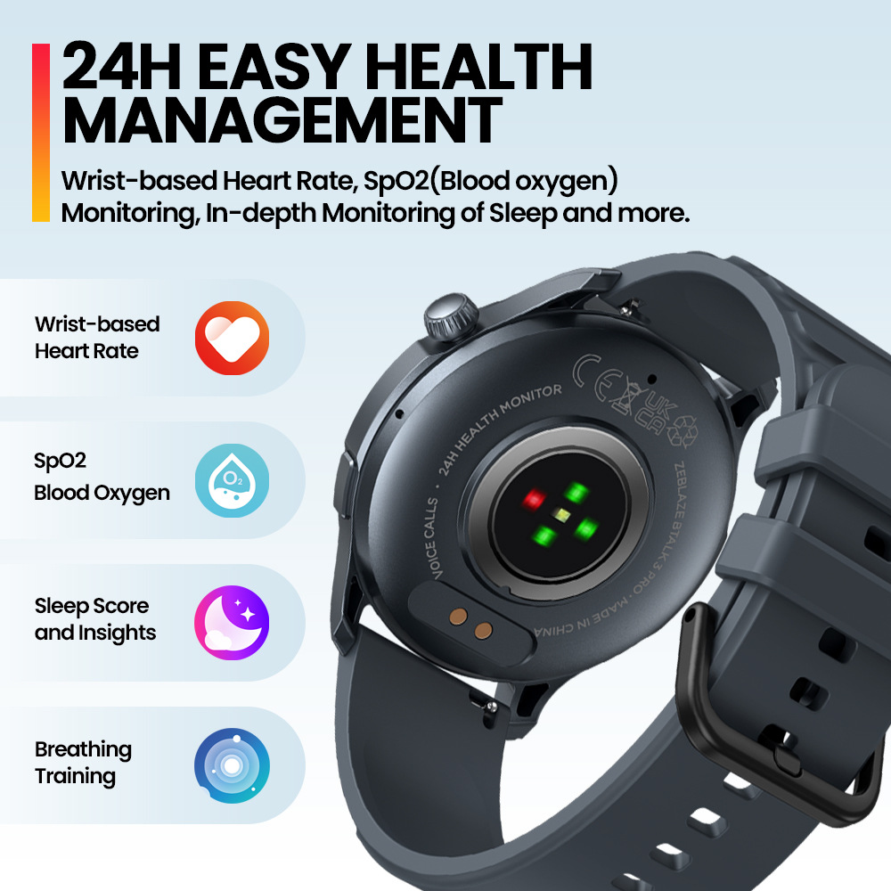 Zeblaze Btalk 3 Pro smartwatch AMOLE display Bluetooth Call Health and Fitness Tracking Specification drawing