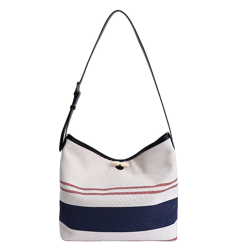 The new high-end canvas bag, striped bucket bag, large-capacity underarm bag, casual crossbody bag and patchwork single-shoulder bag are trendy Item Picture
