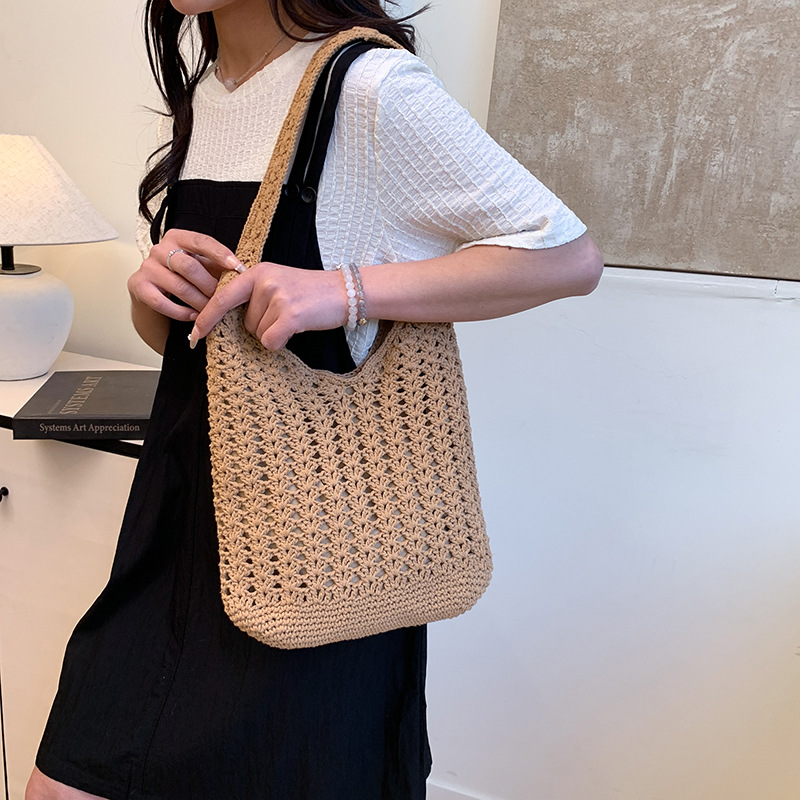 Cross-border woven cotton thread bag for women, large capacity 2025 new versatile single-shoulder underarm bag, beach vacation style beach bag details Picture