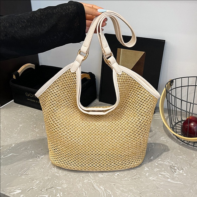 2025 New summer woven large-capacity Tote bag, women's casual and versatile single-shoulder straw woven bag, vacation beach bag full figure