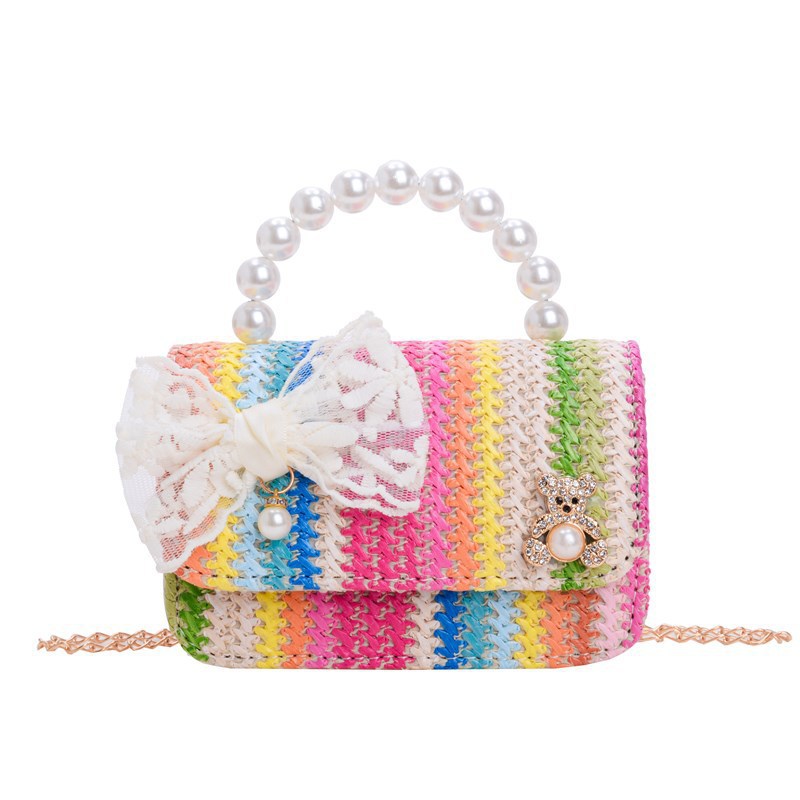 Summer new bow straw-woven pearl handbag, crossbody fashionable children's bag, cute girl kindergarten princess bag Item Picture