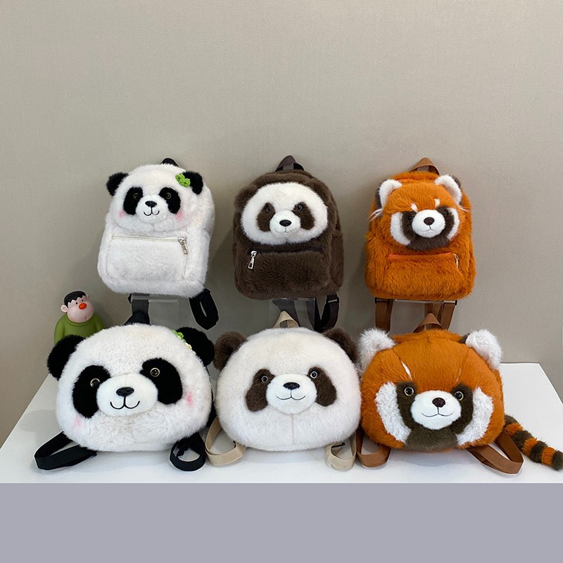 New cartoon backpack, plush red panda, large-capacity doll, cute cartoon schoolbag, backpack, panda on both shoulders full figure
