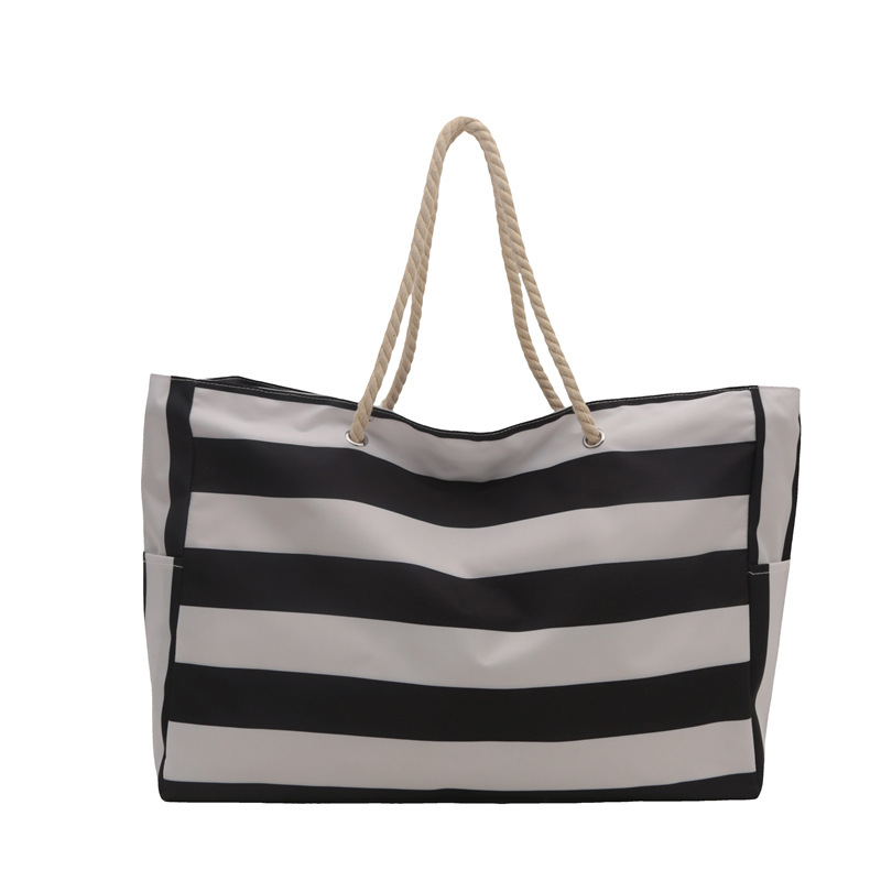 Textured canvas bag, office worker, commuter woman, large-capacity Korean version striped fashionable single-shoulder bag, canvas tote bag Item Picture