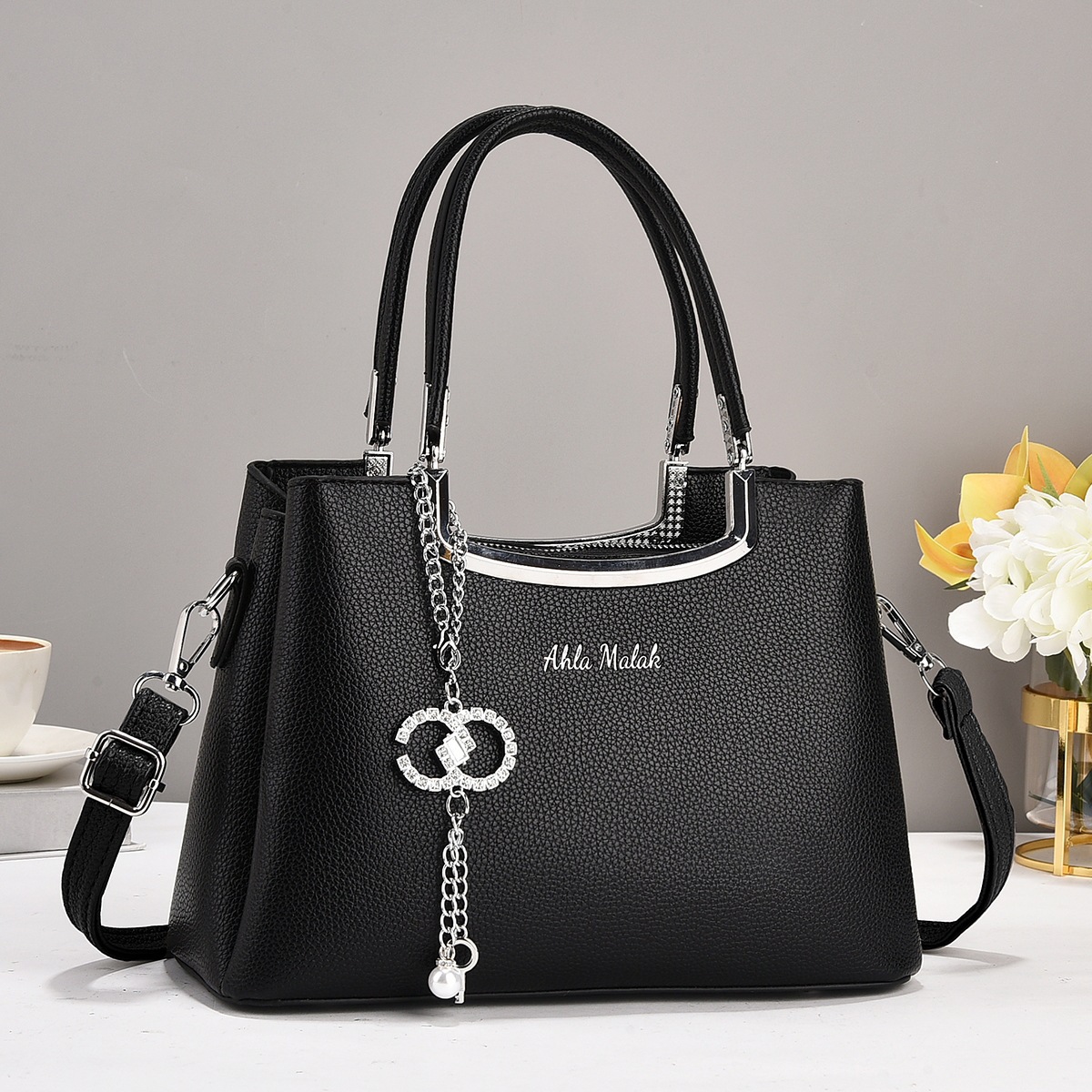 European and American fashion lychee pattern women's bag 2024 Trendy foreign trade single-shoulder women's bag PU women's new large-capacity handbag Specification drawing