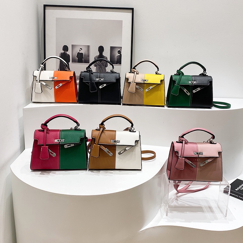 Cross-border Kelly bag bestseller, color-matching, versatile single-shoulder crossbody bag, fashionable single-shoulder bag, girls' high-end feel, hand-held platinum details Picture