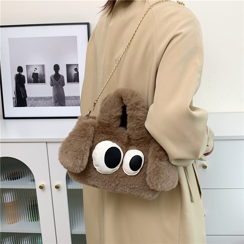 Cute cartoon multi-color handbag for girls, new autumn and winter style, with big eyes, a funny little dog and a fluffy plush bag Specification drawing