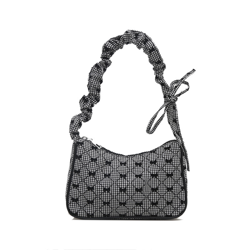 New women's velvet compact and ladylike pleated handbag, bow Korean-style small bag, zipper bag Item Picture