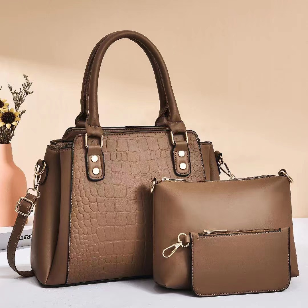 Cross-border mother and child bag 2024 New style women's bag Fashion three-piece set, foreign trade single-shoulder bag simple stone pattern handbag Item Picture