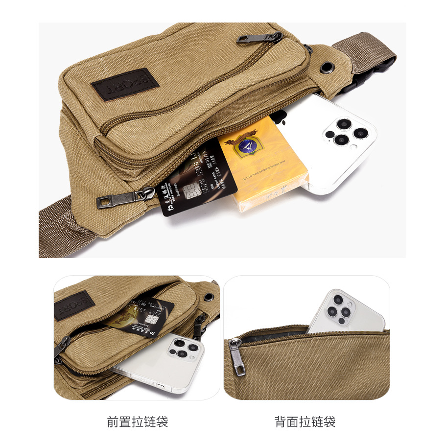 Multi-functional work site work waist bag, canvas, wear-resistant men's sports loose change chest bag, men's street stall cash register crossbody Specification drawing