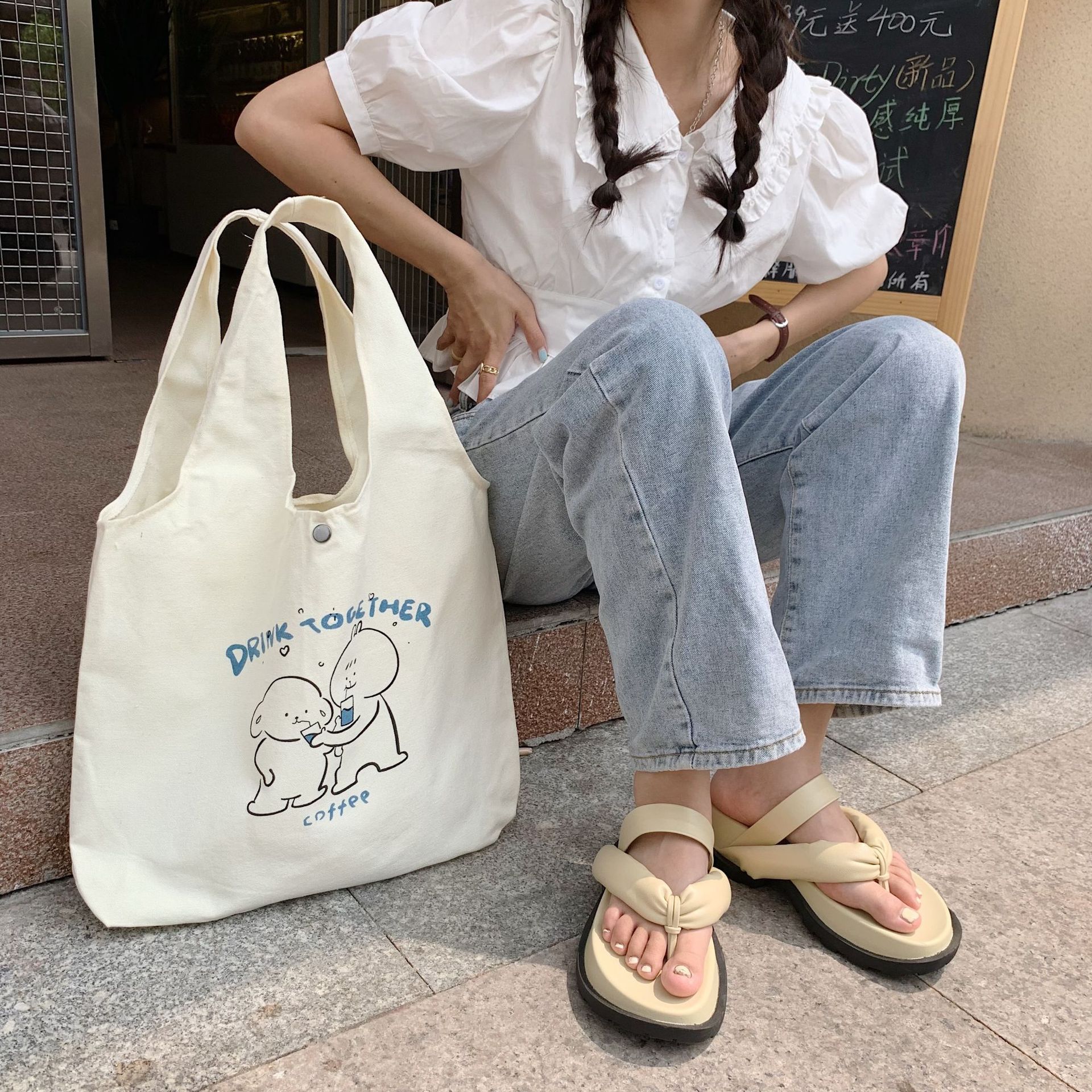 24143 Pet Party canvas Bag for female students, new and fresh single-shoulder bag, Korean-style tote bag shopping bag details Picture
