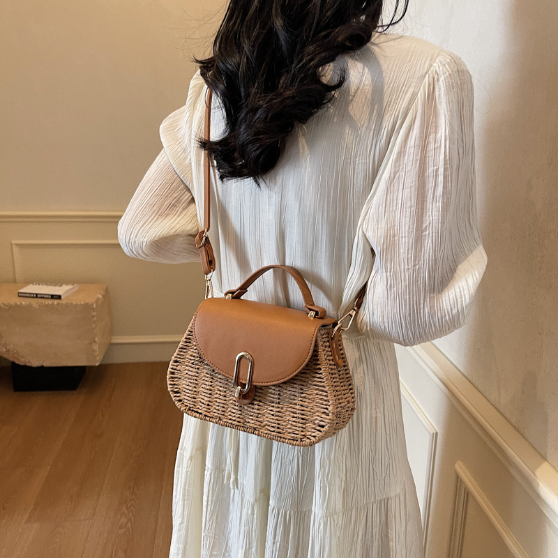 Niche design hand-held straw-woven bag for women, Spring 2025 fashion color-blocking single-shoulder bag, casual seaside crossbody beach bag Specification drawing