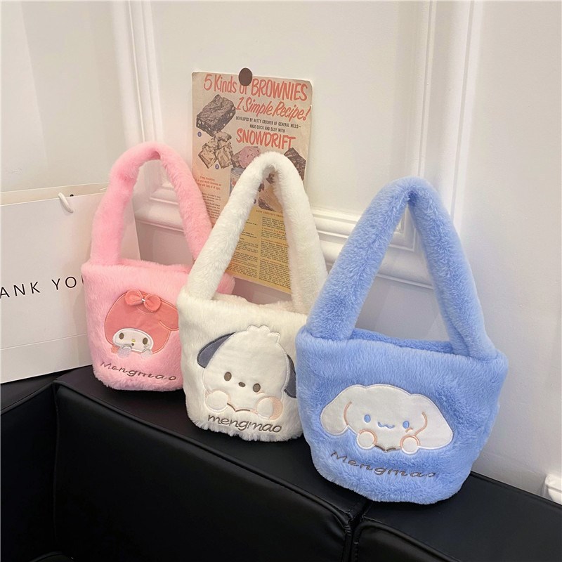 Storage bag, plush toy, new handbag, Melody Cinnamon Dog, Kuromi Pudding Dog, Pacha dog bucket bag details Picture