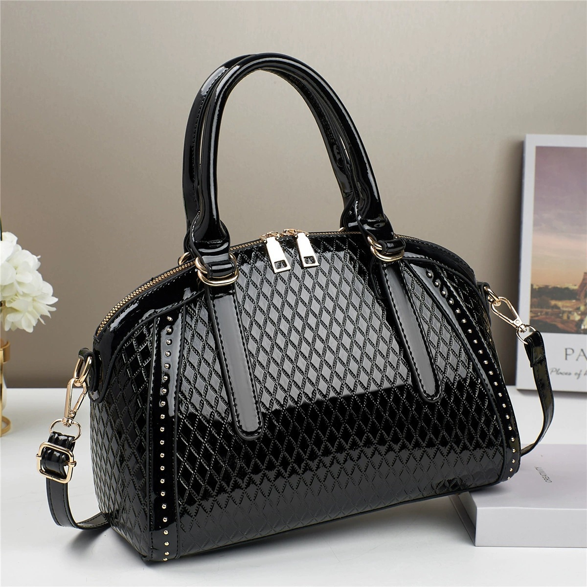 Shiny leather embossed bag, 2024 new style fashionable hand-held shell bag, single-shoulder crossbody, simple and versatile European and American two-in-one bag full figure