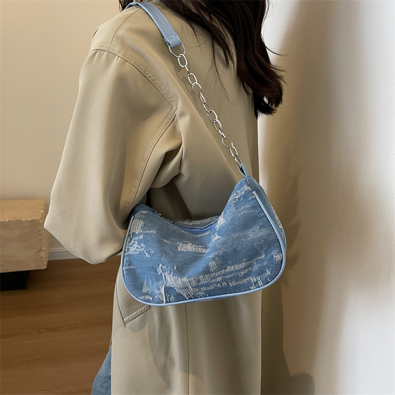 Denim underarm bag for women 2023 new style small shoulder bag, retro large capacity chain shoulder bag, lightweight canvas bag Specification drawing