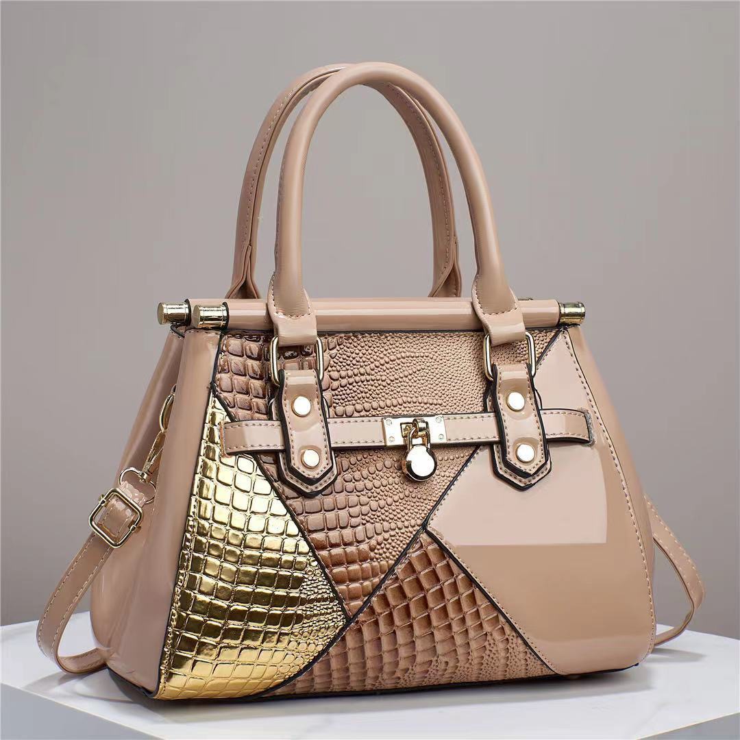 2023 new style spliced shiny leather large-capacity, stylish texture, lizard pattern single-shoulder diagonal cross quality women's bag, cross-border large bag Specification drawing