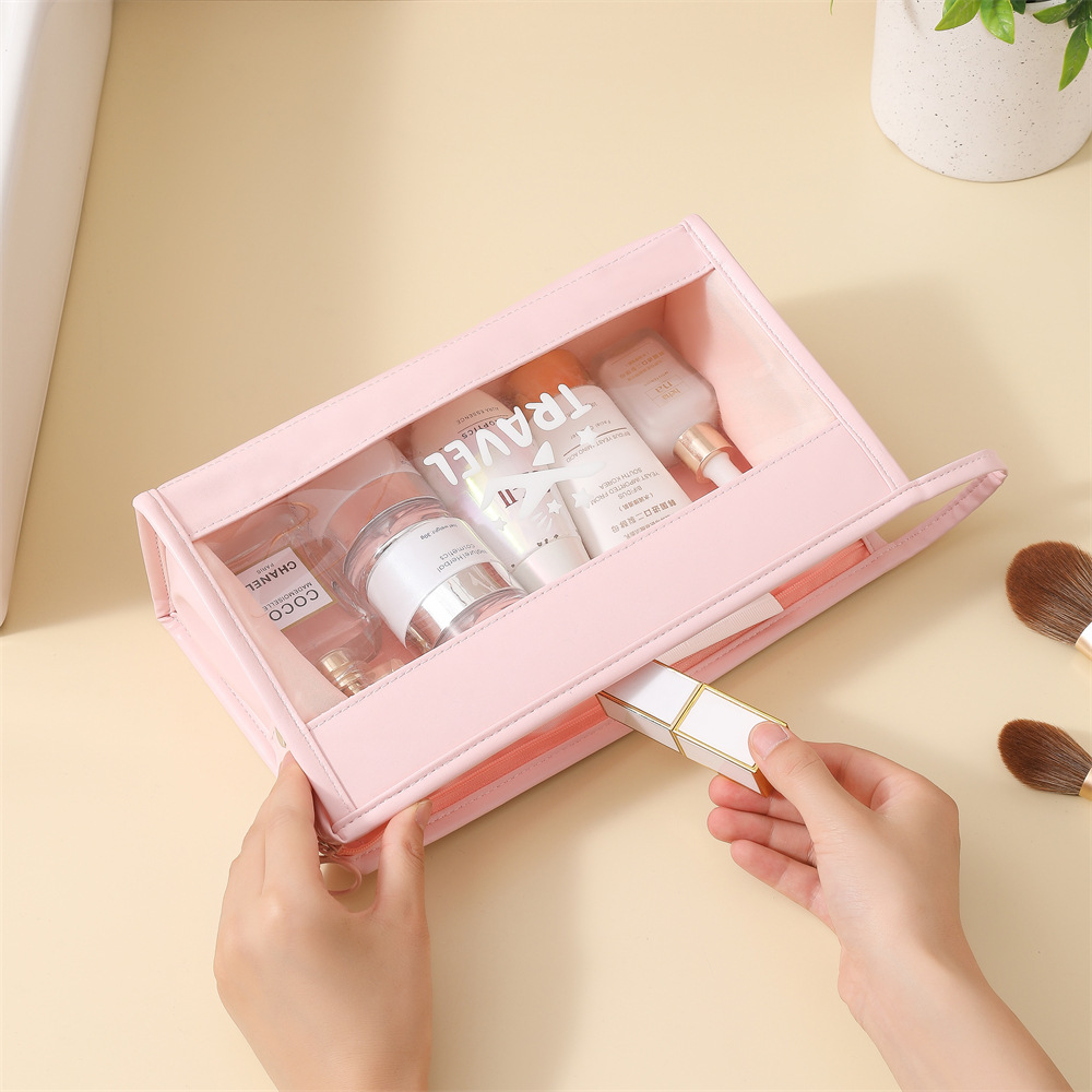 PU waterproof cosmetic bag, large-capacity double-layer toiletry bag, travel portable storage bag, macaron-colored transparent storage bag Specification drawing