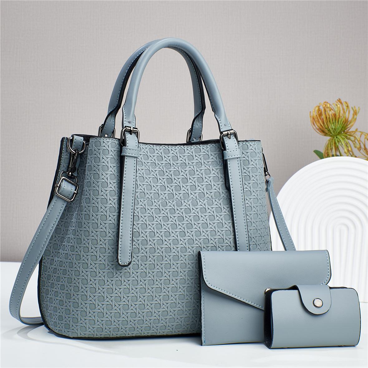 2023 new three-piece set, diamond-patterned multi-purpose texture, large-capacity cross-border single-shoulder crossbody solid color women's bag full figure