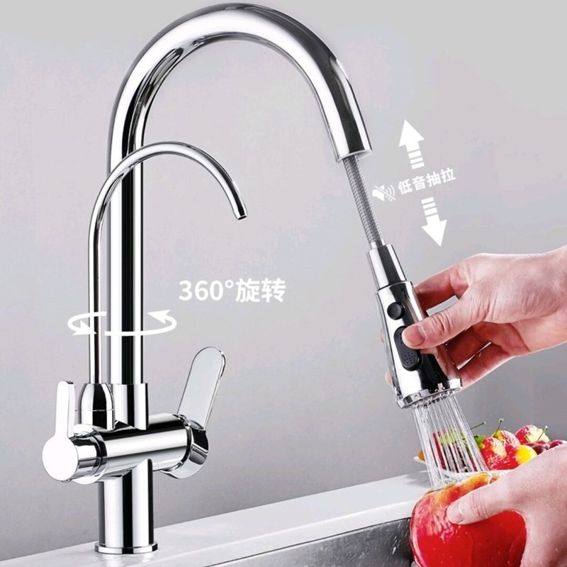 All-copper kitchen faucet, pull-out cold and hot direct drinking three-in-one pure water sink, sink, and rotating faucet Application Scenario