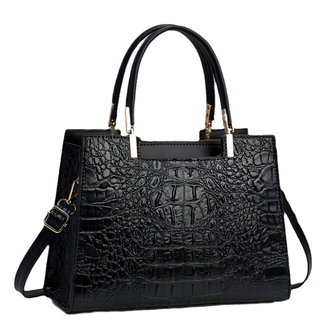 2023 new high-end crocodile-patterned genuine leather texture, simple solid color, large capacity single-shoulder hand-carry cross-border women's bag Item Picture