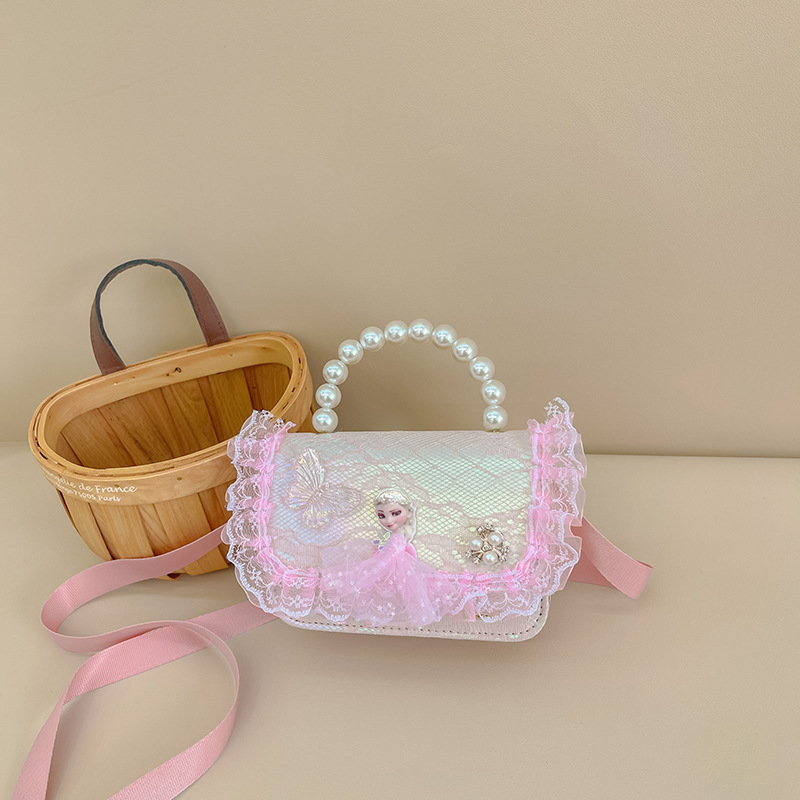 Children's bag, stylish girl's small square bag, pearl handbag, lace bow single-shoulder bag, cute princess crossbody bag details Picture