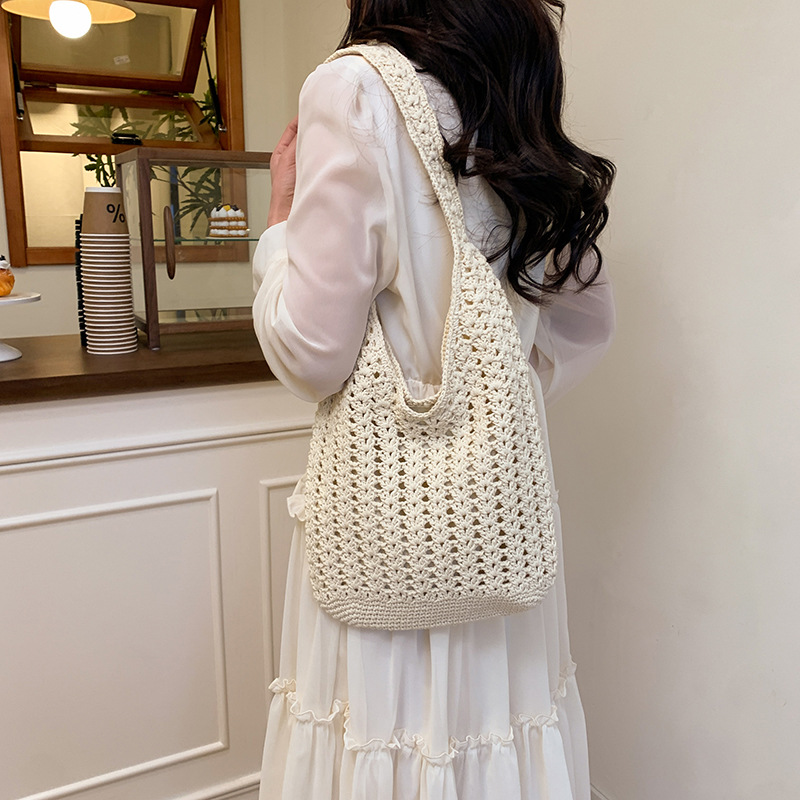 Cross-border woven cotton thread bag for women, large capacity 2025 new versatile single-shoulder underarm bag, beach vacation style beach bag Specification drawing
