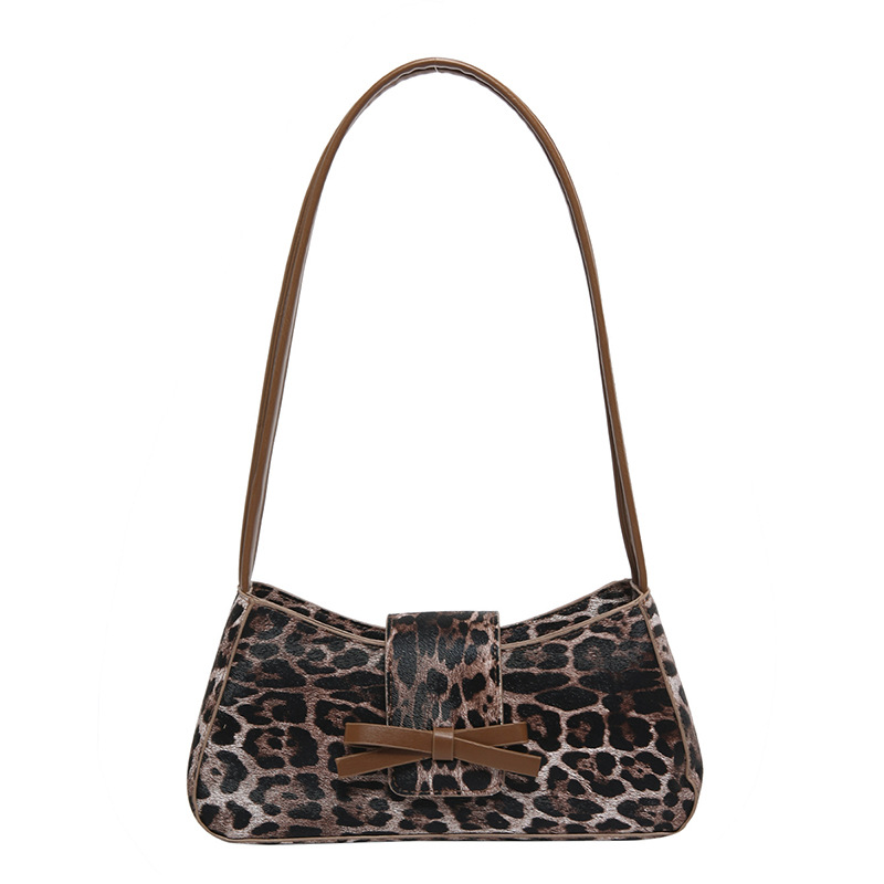 A new retro Korean-style leopard print bag with a bow, fashionable PU leather, trendy, individualistic and high-end single-shoulder underarm bag Item Picture