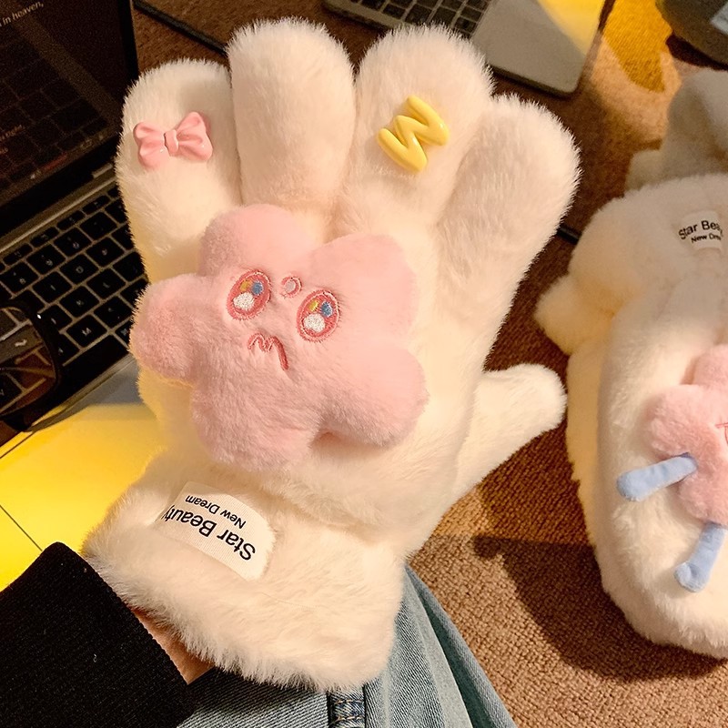 Cute star-shaped plush finger gloves for girls in winter, thickened with fleece for warmth and cold protection, and fluffy for students to ride Specification drawing