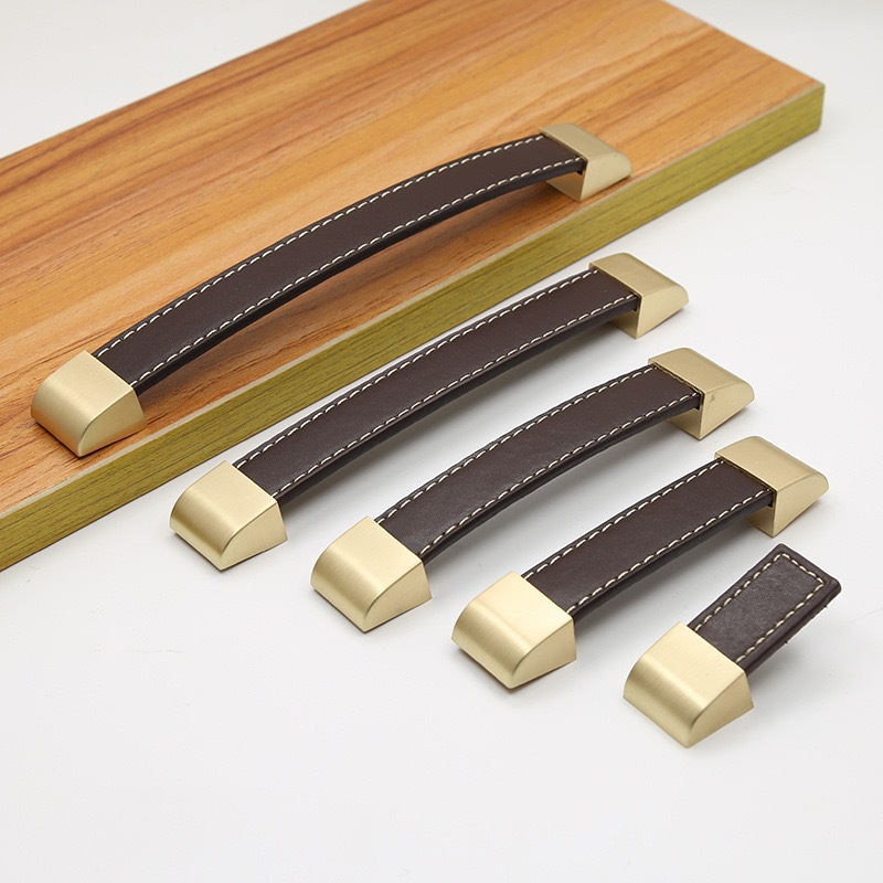 Classic and fashionable golden brushed leather handle for furniture, bags, wardrobes, cabinets, drawers, suitcases, square black and brown handles full figure