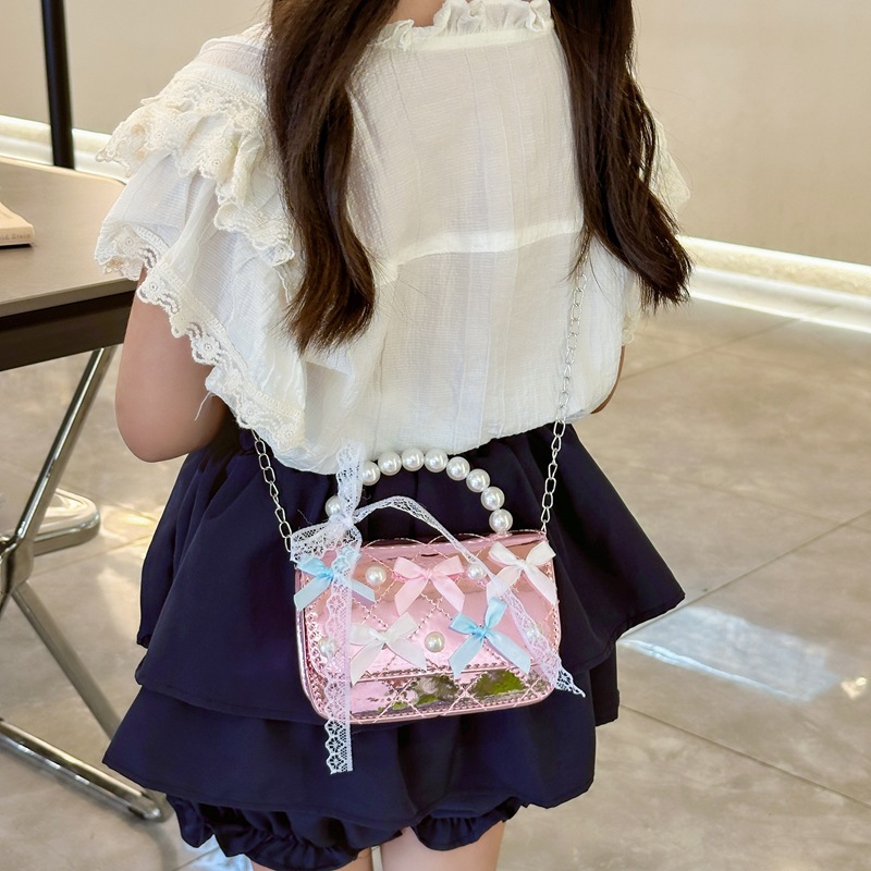 Diamond-shaped lace bow girls' single-shoulder bag, loose change crossbody bag, trendy children's bag, new girls' pearl handbag Specification drawing